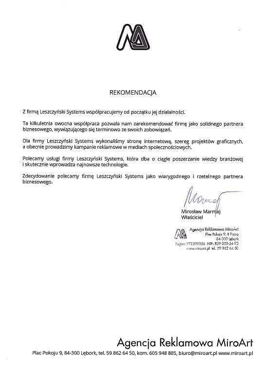 Rekomendacja MiroArt Mirosław Marmaj - Leszczyński Systems