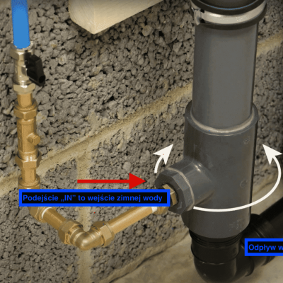 Krok 1. Podłączenie zimnej wody do rekuperatora i odpływu wody z rekuperatora do kanalizacji