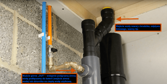 Krok 2. Podłączenie wody dogrzanej od rekuperatora do baterii prysznica (wejście w baterii zimnej wody)