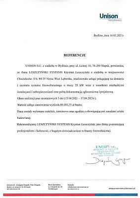 Rekomendacja Unison S.C Grzegorz Drapała - Leszczyński Systems